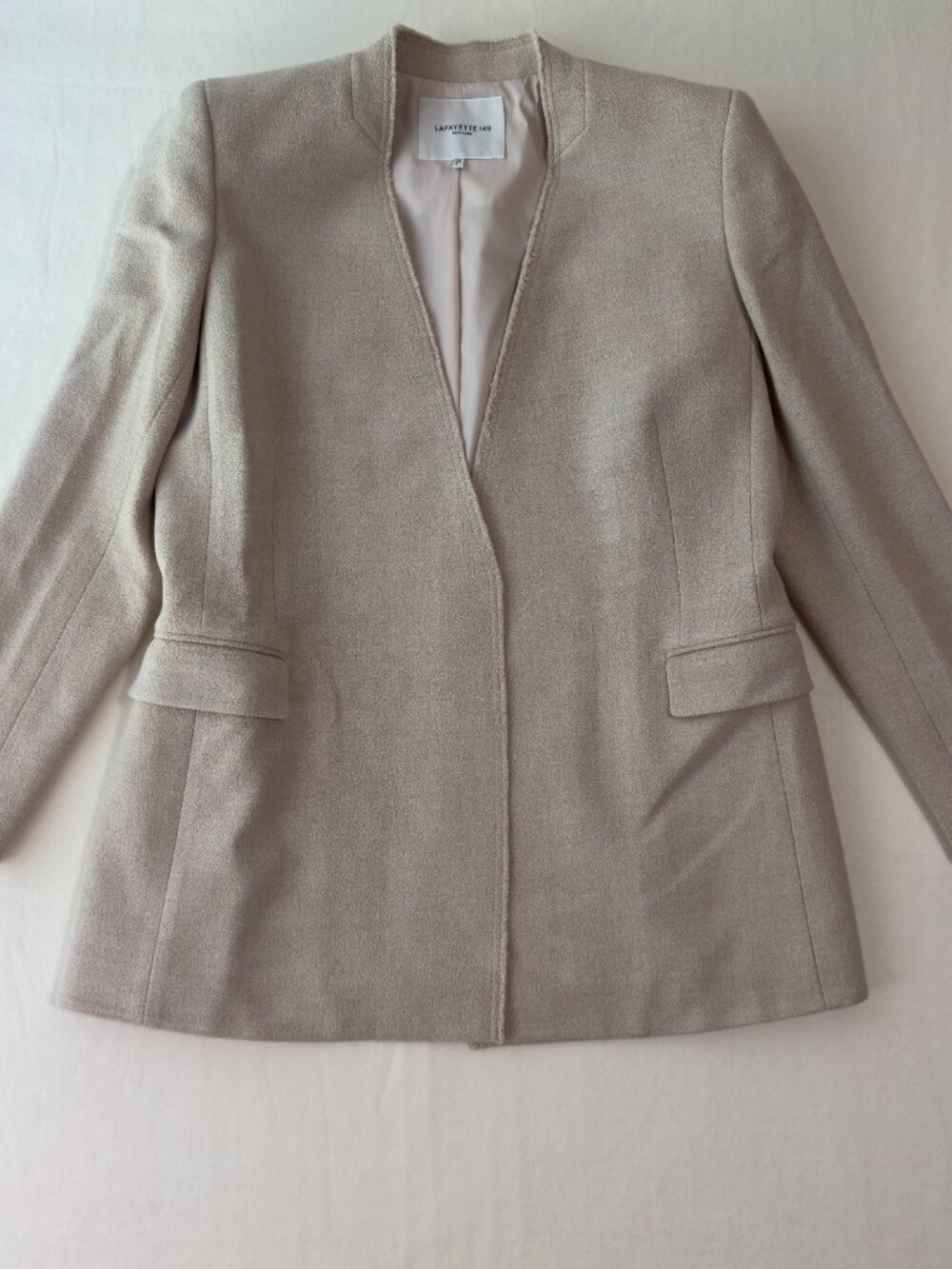 LAFAYETTE 148 NEW YORK Wool Blend Open Front Blazer Jacket Almond Pockets Size 8
